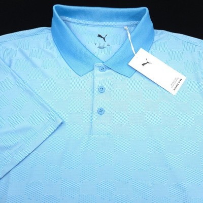 Puma Polo Shirt Golf Mens -M- Bright Blue White Check Jacquard PERFORMANCE -Tech