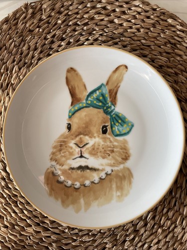 Pier 1 Bunny Faces 8" Salat Mittagessen Teller Schleife Band grün gelb Mädchen Kaninchen - Bild 2 von 4