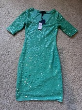 NWT BCBG Maxazria Women Green Sequin Maura Dress Short Sleeve V Neck Size XS