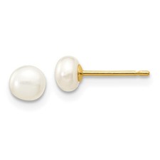 14k Yellow Gold 4-5mm White Button Freshwater Cultured Pearl Stud Earrings 0.1gm