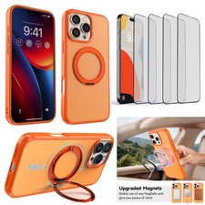 For iPhone 16e 16 Pro Max Metal Ring Magnetic Rugged Case Cover / Tempered Glass