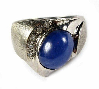 Blue Lab Created Star Sapphire Diamond 5CT Men Women Ring 14K White Gold VidEo