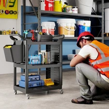 3-Tier Rolling Tool Cart, Utility Cart with Side Shelf & Hook Black