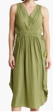 Tahari V-Neck Drawstring Waist Midi Dress pleated summer green L