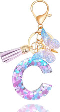 Purple-Blue Pink Green Resin Alphabet Initial Letter Keychain Tassel Butterfly K