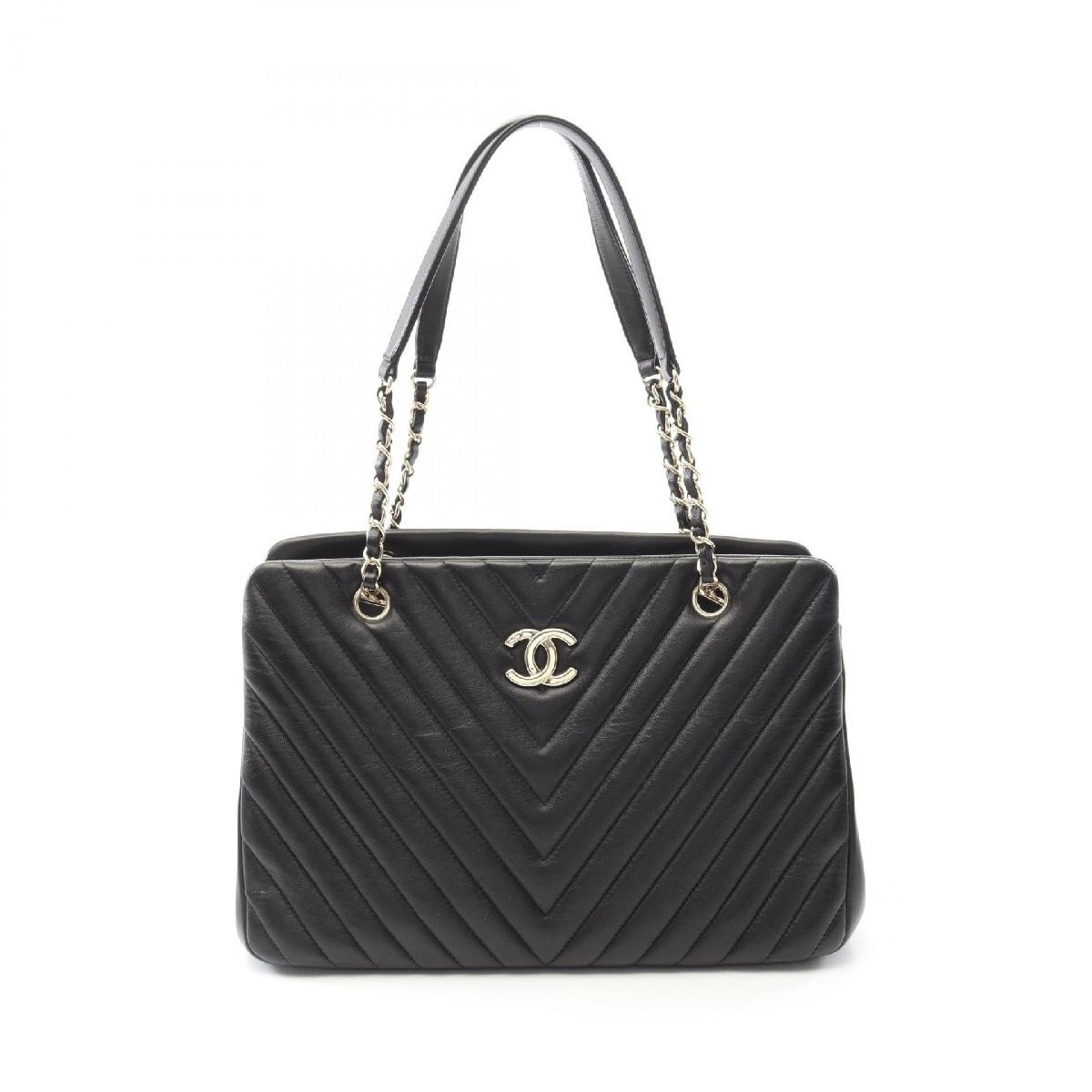 CHANEL V Stitch Chevron Lambskin Tote Bag Preowned Sheep Leather