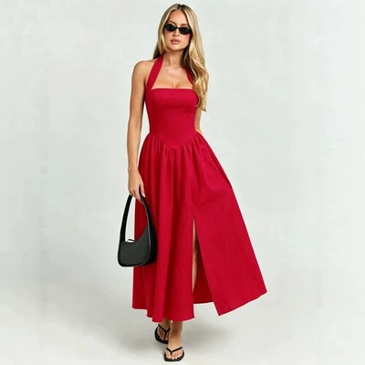 Red Sleeveless A-line Midi Dress with Backless Design and Lace-up Neck - Image 1 of 4