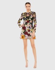 Mac Duggal 68202 Black Floral Embroidered Long Sleeve Mini Sz 2