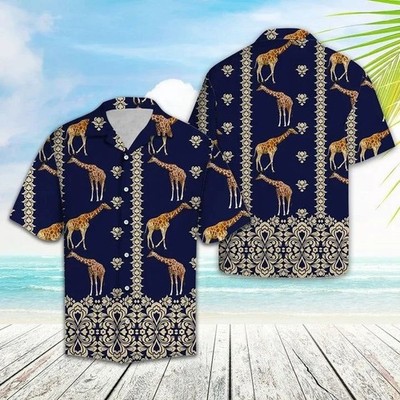 Giraffe Hawaii Shirt For Men Women, Giraffe Symbolic Art In Deep Blue Hawaiian