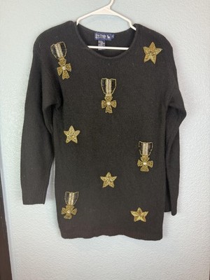 Le Chois Sweater Womens Small Beaded Star Medal Angora Silk Knit Pullover
