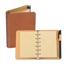 6 Ring Binder Cover A7 Leather Notebook with Kraft Paper and Pen, Coffee