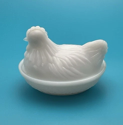 VTG White Opaque Milk Glass Hen on Nest Chicken Covered Dish Hazel Atlas MINT!