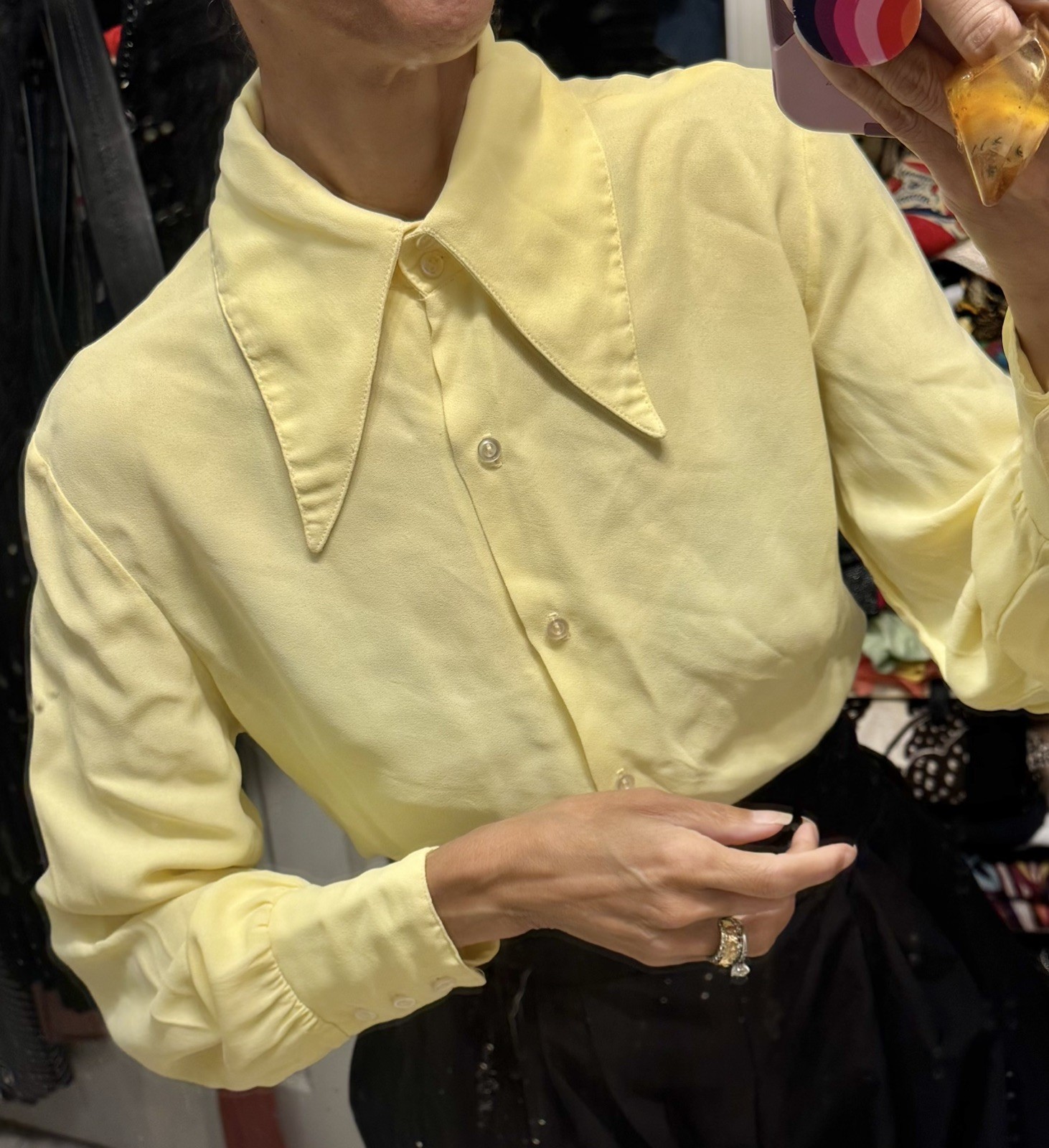 Vtg Couture Yellow Dagger Collar Crepe Blouse Shirt 70s Puff Sleeve 38 S Disco image 10