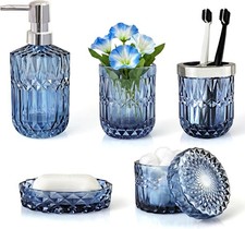 Blue Bathroom Accessories Set 5Pcs Clear Glass Hand Soap Dispenser Dish