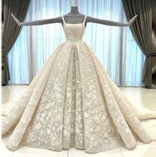 Wedding Dress Long Sleeveless Appliques Sheer Backless Puffy Long Train Bridal