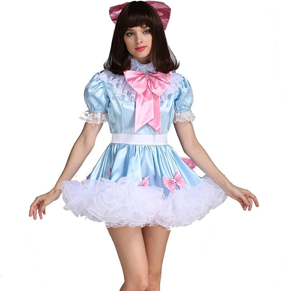 Girl sissy sexy maid Blue Satin lockable Dress Cosplay Costumes CD/TV ...