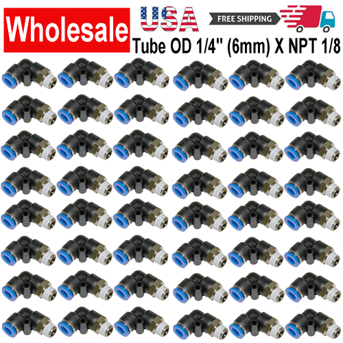 Wholesale Pneumatic Elbow Connect 1/4" Tube x 1/8" NPT Male Air Push In Fittings - Picture 1 of 13