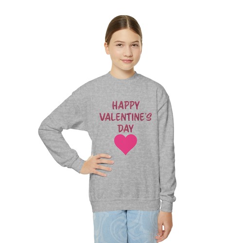 Happy Valentine's Day with Pink Heart Youth Kid's Unisex Crewneck Sweatshirt - Picture 10 of 21