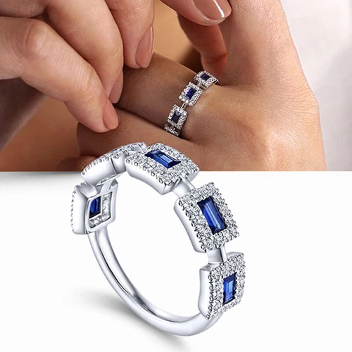 925 Silver Filled Ring Gorgeous Women Blue Cubic Zirconia Wedding Jewelry UK - Picture 12 of 53