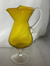 EMPOLI Art Glass Pitcher Jug Yellow Footed Twisted Handle Pinched Ice Spout Vase