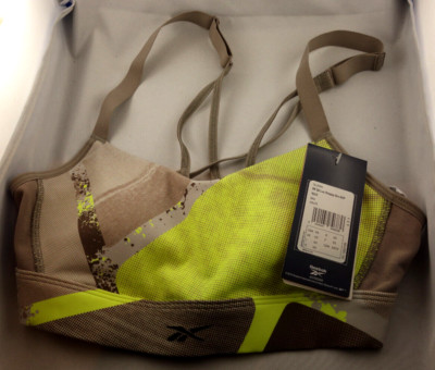 Sport-BH REEBOK SR Q2 Lux Strappy Bra - AOP Mesh - taupe-gelb Gr.XS - NEU