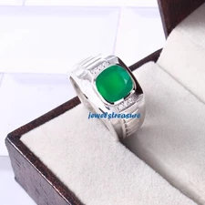 Natural Green Onyx & CZ Gemstones 925 Sterling Silver Men's Ring #538