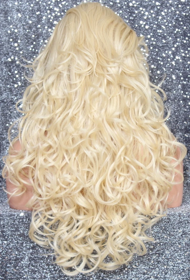 Peluca completa mezcla cabello humano calor OK rizada larga rubia pálida flequillo en capas 613 diarios Foto 4 de 4