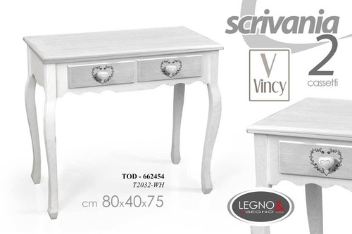 SCRIVANIA SCRITTOIO TAVOLO 2 CASSETTI LEGNO SHABBY CHIC BIANCO CUORE 80*40*H75 - Foto 9 di 12