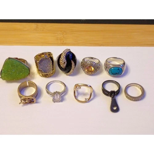 Collection of Ten Vintage Style Costume Jewelry Rings silver tones and gold tone