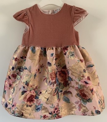 Baby Party Kleid 9-12 Monate Altrosa & Gold Sommer Blumen weiches Velours Mieder