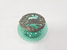 Vtg 1996 Rawcliffe pewter, green swirl glass potpourri  jar w/garden veg design