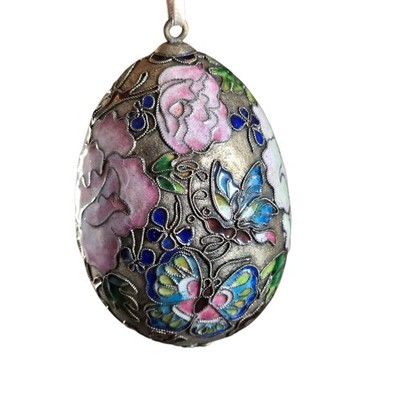 Vintage Cloisonné Enamel Butterfly Flower Silver Large Egg Ornament 3.73''