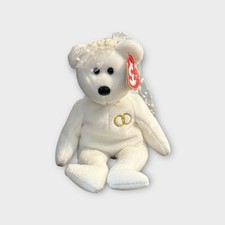 Ty Beanie Baby  Mrs.  Wedding Bear   White Bride Plush with Veil  Rings Embroid