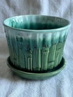 VINTAGE 0375 McCOY POTTERY BAMBOO GREEN DRIP GLAZE PLANTER W/SAUCER FLOWER POT