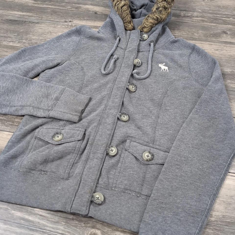 Sudadera con Capucha Años 90 Y2K Abercrombie Mediana Piel Gris Alce Botón Chaqueta Bella Foto 2 de 4