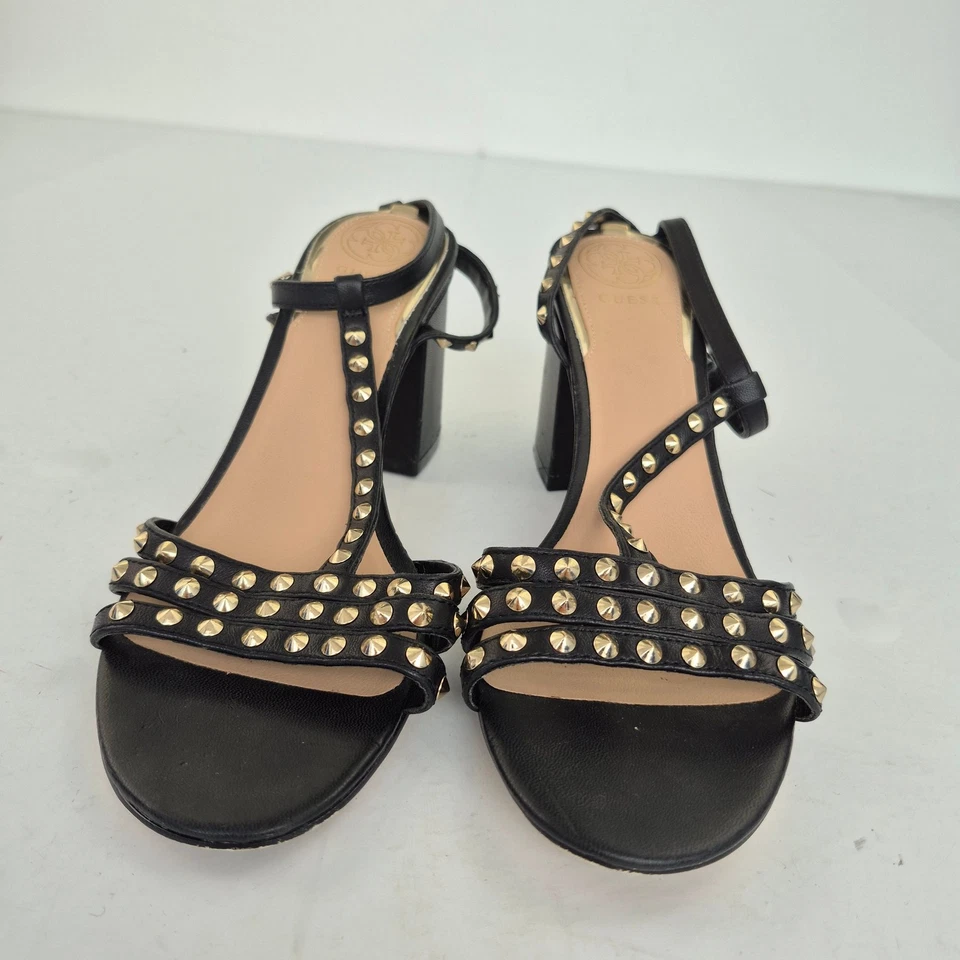 GUESS Tacones Tachonados Negro 5 Negro Oro Tirantes Bloque Fiesta - Imagen 3 de 4