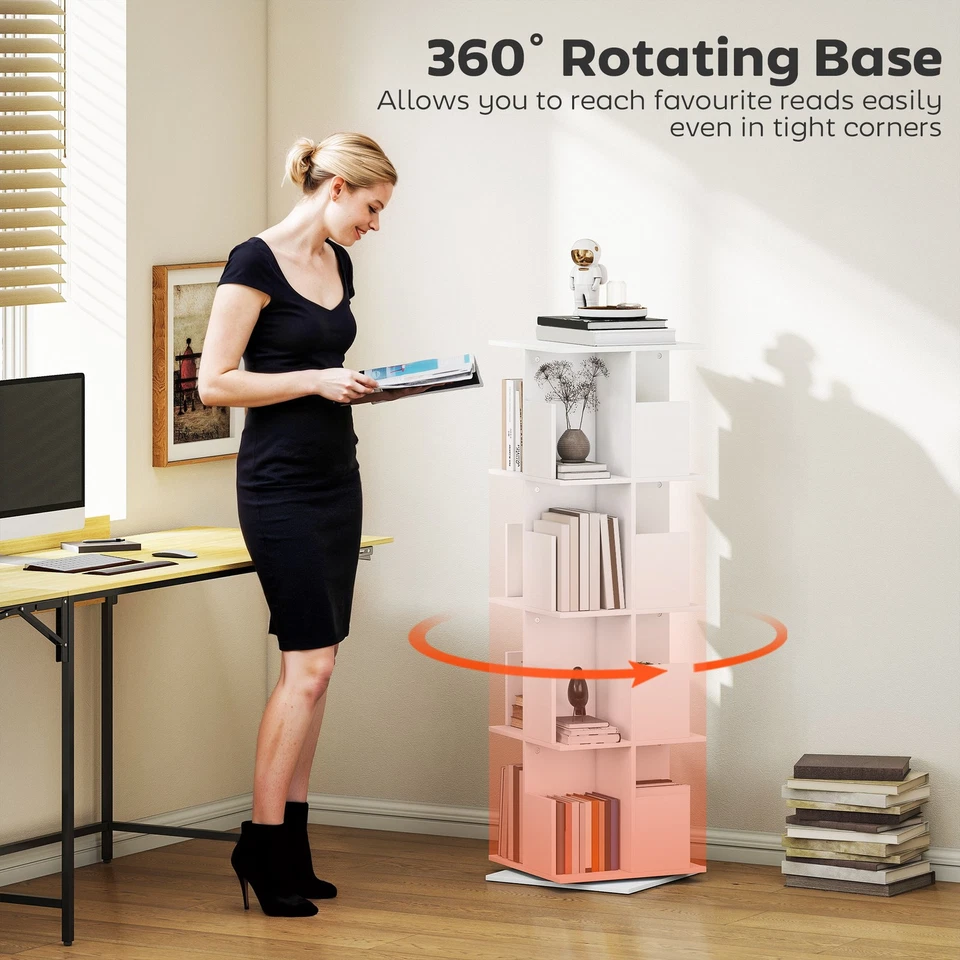 HOMCOM 4 Tier Rotating Bookshelf 360° Revolving Bookcase with Cubbies White - Imagem 3 de 4