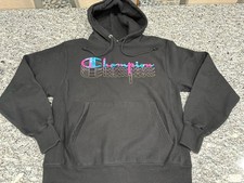Champion Reverse Weave Chenille Embossed Black Hoodie Medium Pink Blue Medium