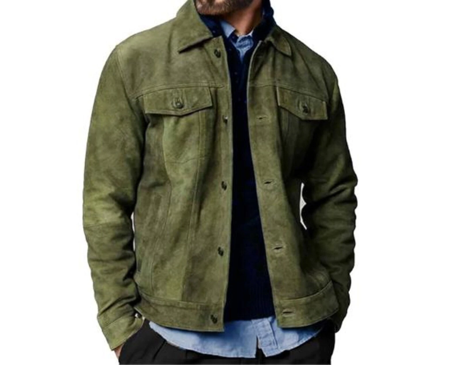 Men's Olive Green Suede Trucker Jacket Button Front Chest Pockets Western Coat