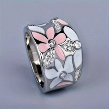 Elegant Enamel Flower Ring With Micro Inlaid Zirconia Size 10