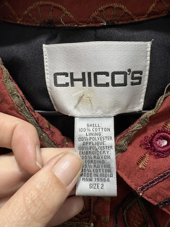 Chico's Jacket Womens Large Size 2 Red Embroidered Boho Mirror Applique India - Image 3 of 4