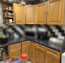 kitchen units and set of wall and base units with hob,chimney hood and oven