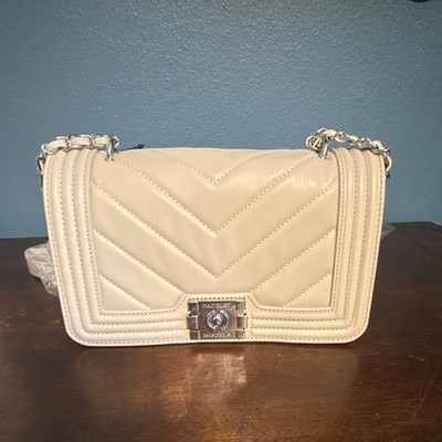 Badgley Mischka Beige Small Quilted Chevron Flap Crossbody Turn Lock Chain