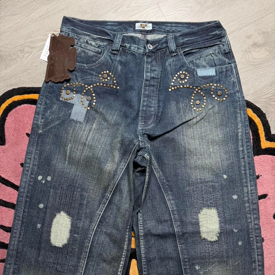 Vintage Y2K Antik Denim Repaired Studded Embroidered Loose Fit Denim Jeans 36x32 - Image 2 of 4
