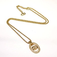 Christian Dior Gold Plated Logo Rhinestones Necklace F210