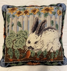 Rabbit In A Garden Needlepoint Pillow w/ Black Velvet Backing 14”x 14”