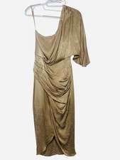 DO+BE One Shoulder Metallic Gold Satin Jacquard Dress Med Draped Cocktail Party