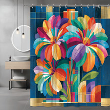 Colorful Floral Abstract Shower Curtain, Blue Geometric Background