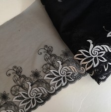 4 Yards 7" Wide Black Mesh Tulle Lace / Embroidered White/Black Flower eh0224
