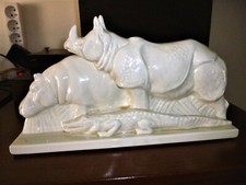 RARE GROUPE PORCELAINE RHINOCEROS HIPPOPOTAME CROCODILE LIMOGES SERPAUT ART DECO